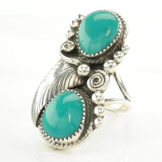 Vintage Native American Silver Ring Turquoise Leaf Sterling Blue Size 6 3/4