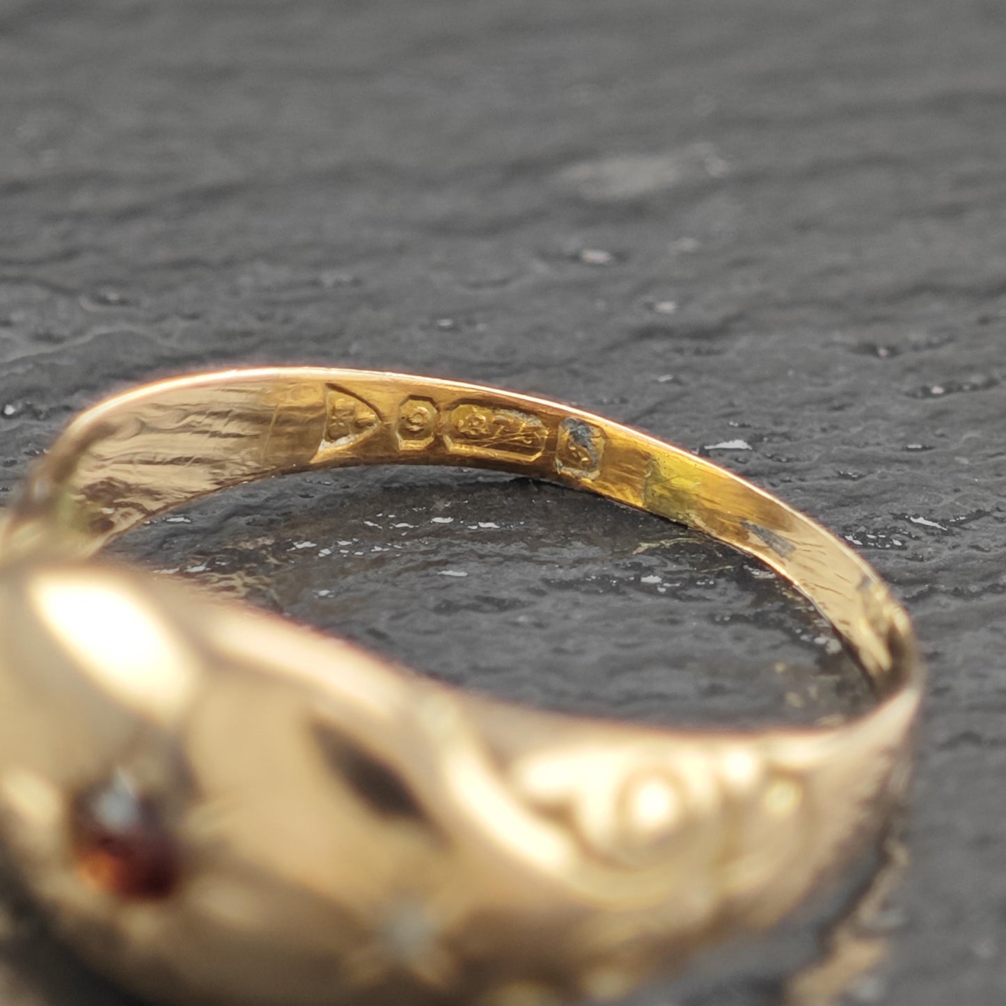 1909 Antique 9k Gold Ring Garnet Diamond Ring