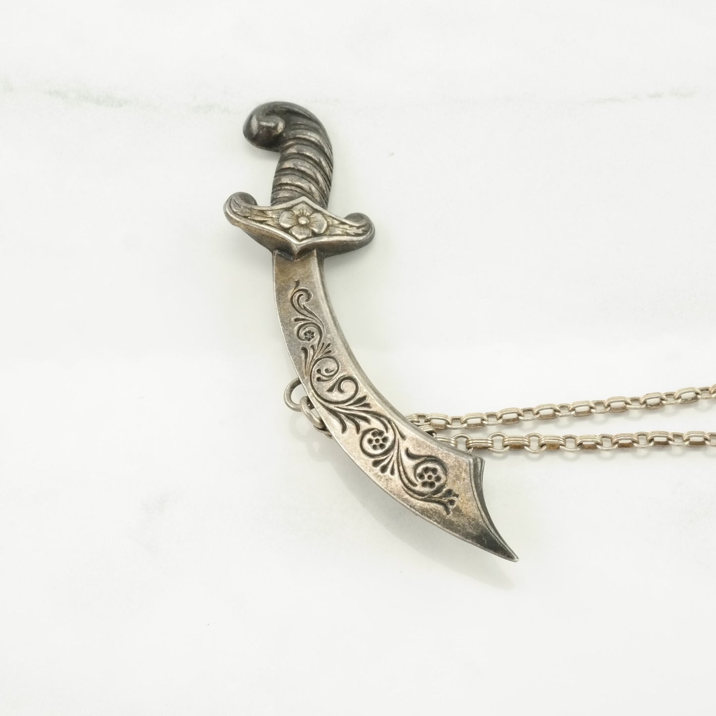 Double Scimitar Rose Brooch Mid Century Sterling Silver Collar Chain