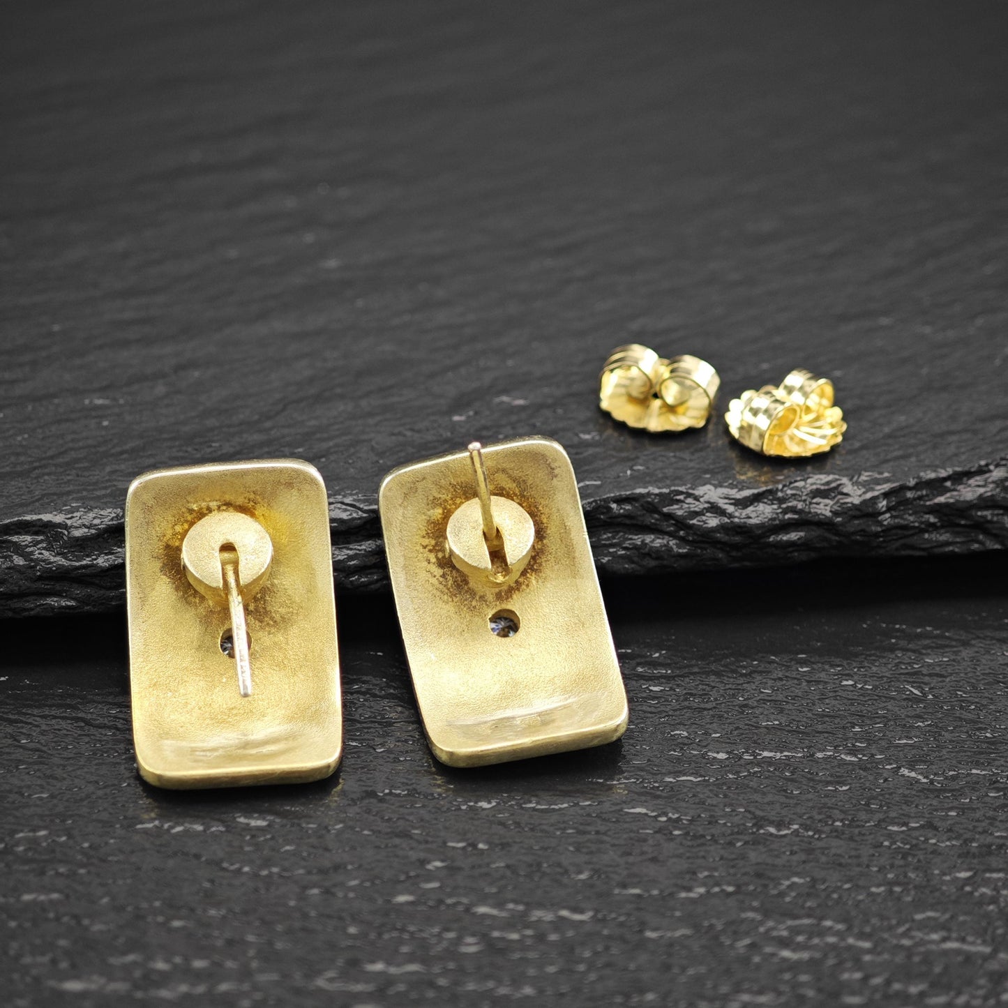 Vintage Greek Rectangular White, Gold CZ Stud Earrings Sterling Silver