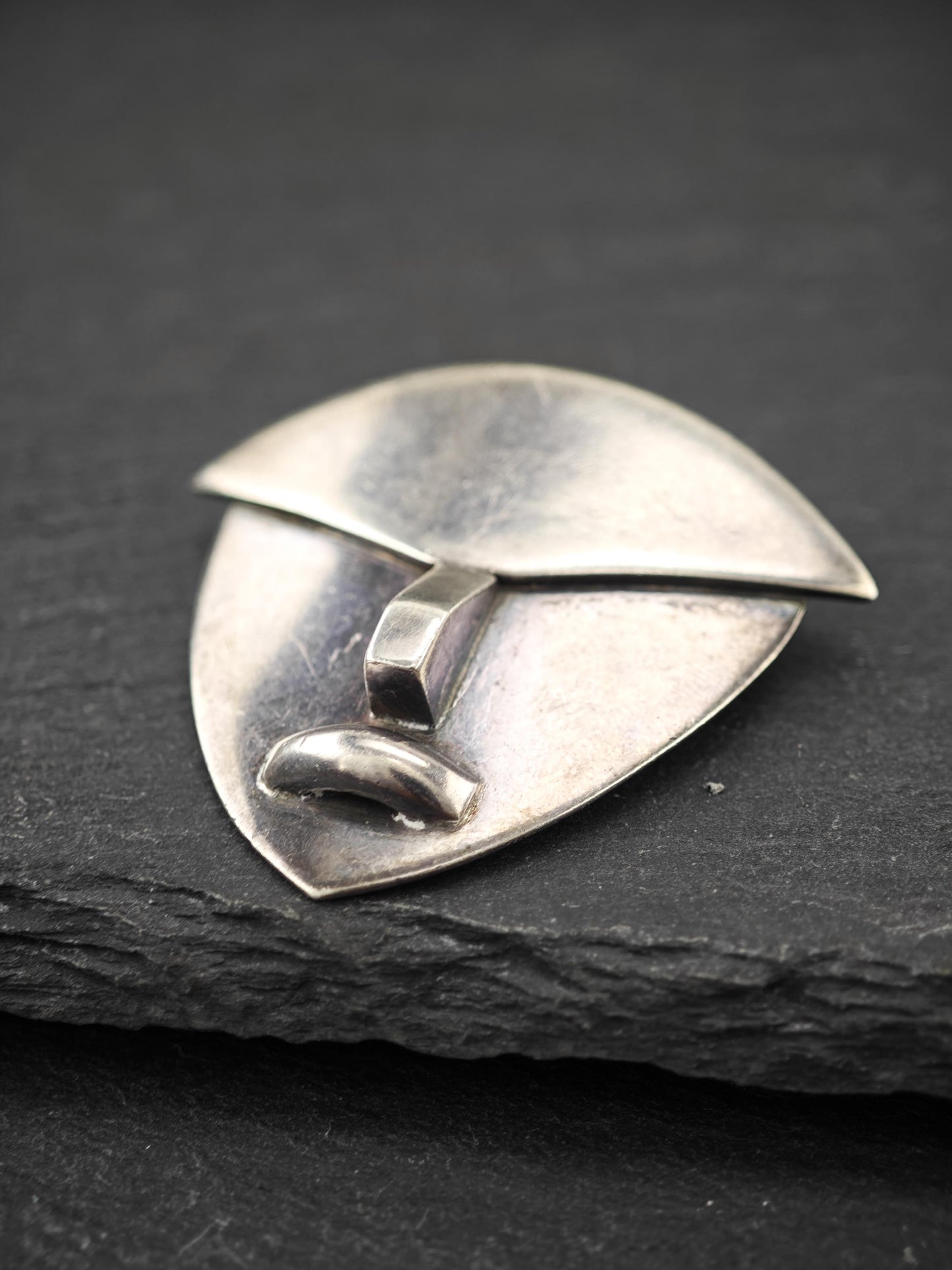 Abstract Taxco, Hector Aguilar Mayan Face Mask Brooch Sterling Silver