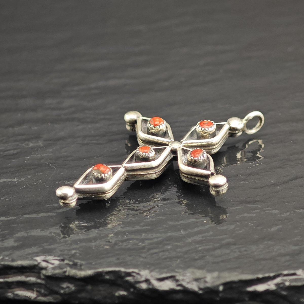 Reversible Zuni Turquoise, Coral Cross Sterling Silver Pendant P3143