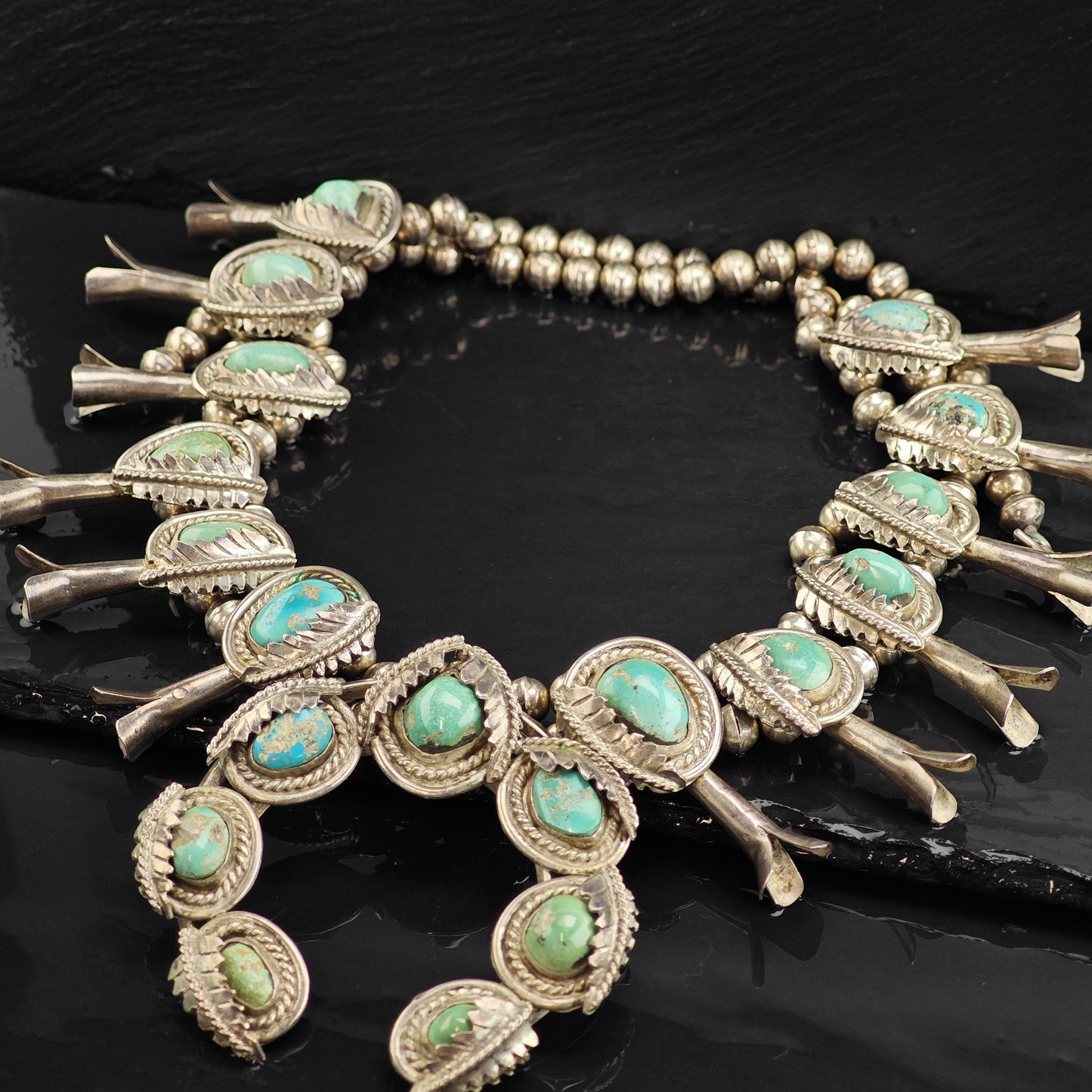 Vintage Native American Morenci Turquoise Sterling Silver Squash Blossom Necklace N2728