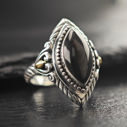 Onyx Marquise Spiral, 18K Gold Accent Ring Sterling Silver Size 7