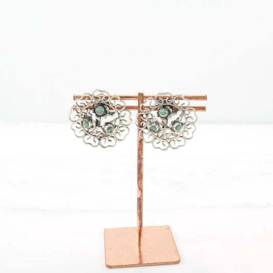 Vintage Mexico Green Faux Turquoise Floral, Filigree Screw Back Earrings Sterling Silver