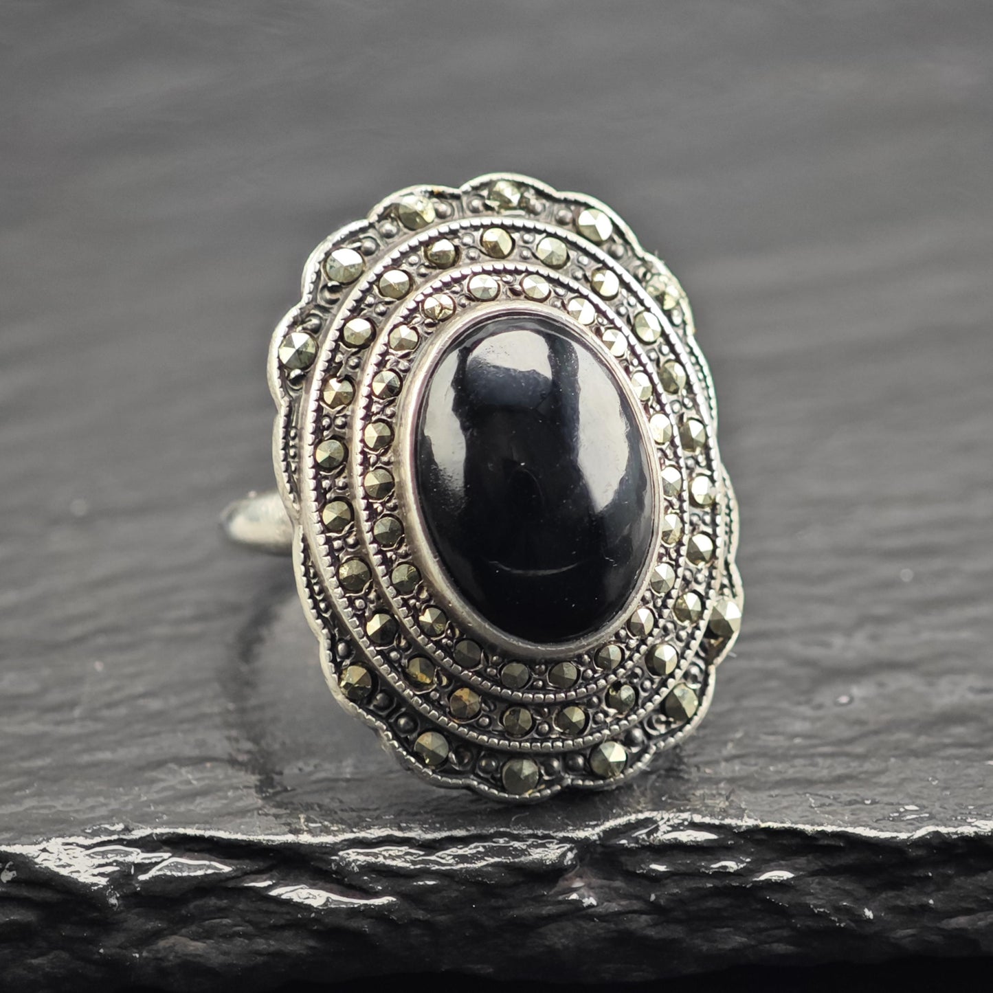 Large Art Deco Onyx Cabochon Sterling Silver Ring Sz 6 3/4 R6707Dor