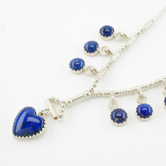 Vintage Southwest Sterling Silver Blue Lapis Lazuli Heart, Beaded Necklace