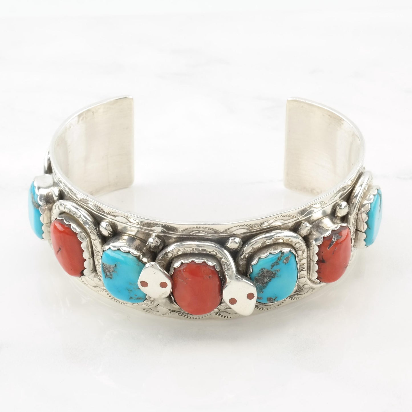 Zuni Snake Cuff Bracelet Native American Sterling Silver Sleeping Beauty Turquoise Mediterranean Coral