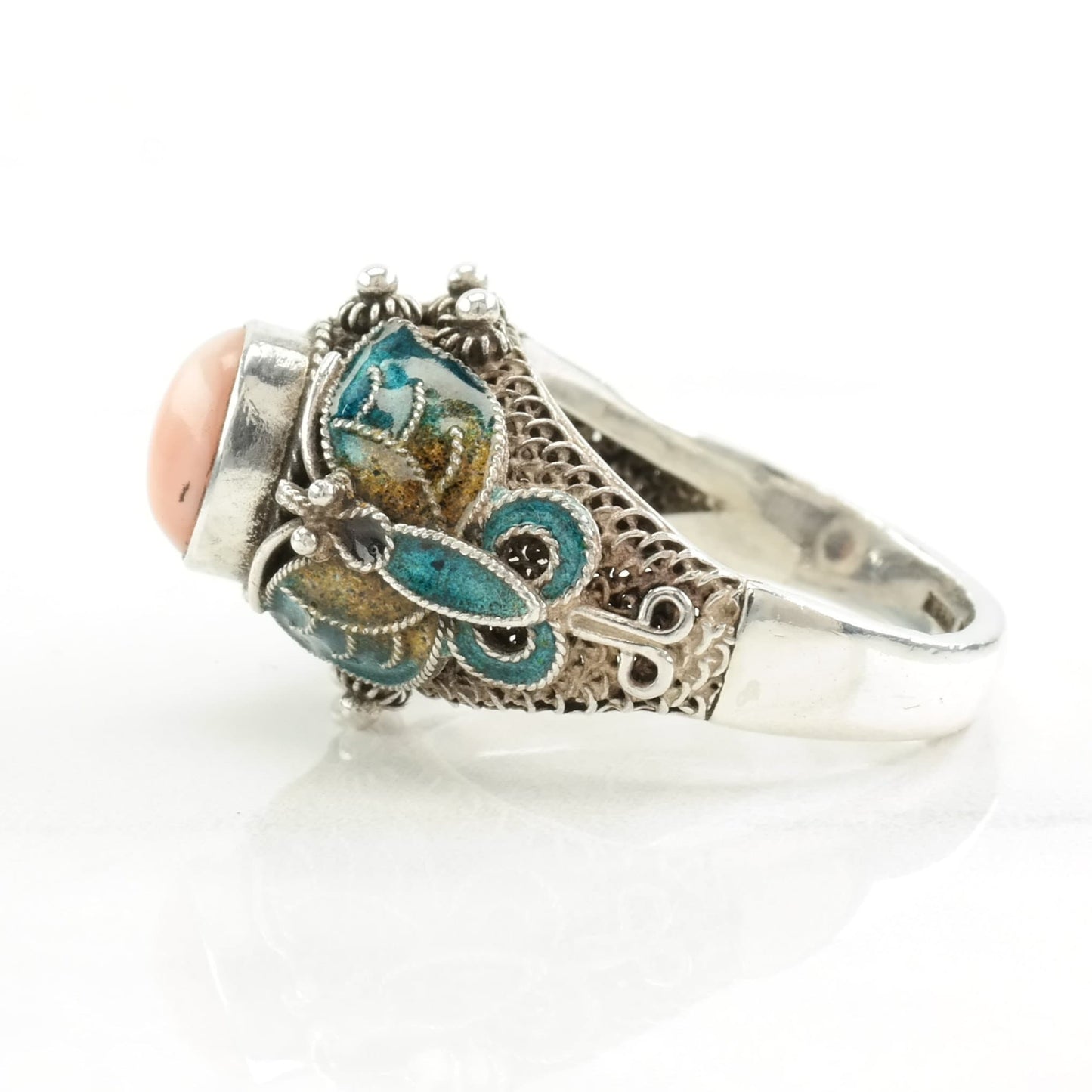 Chinese Export Ring Coral Enamel, Butterfly Sterling Silver Size 7