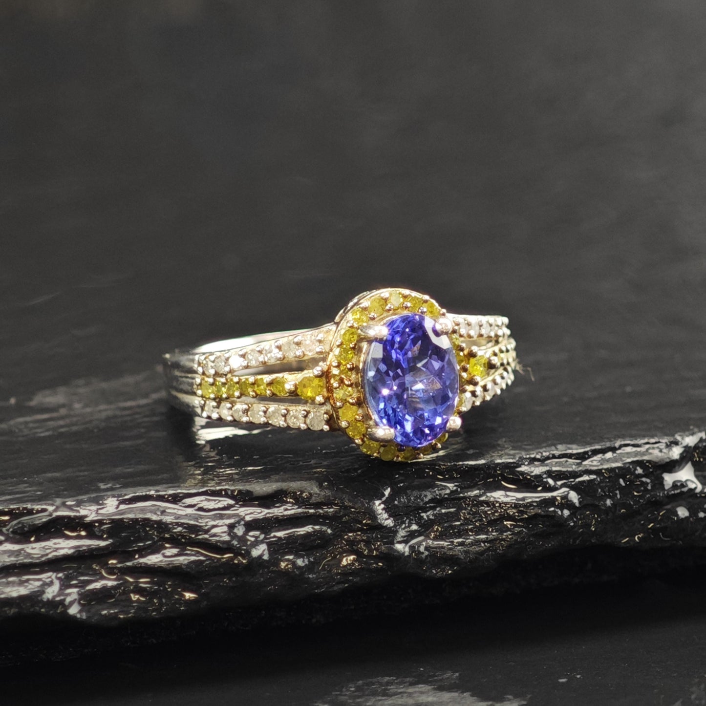 Tanzanite White & Yellow Diamond Sterling Silver Ring Sz 5 R6587
