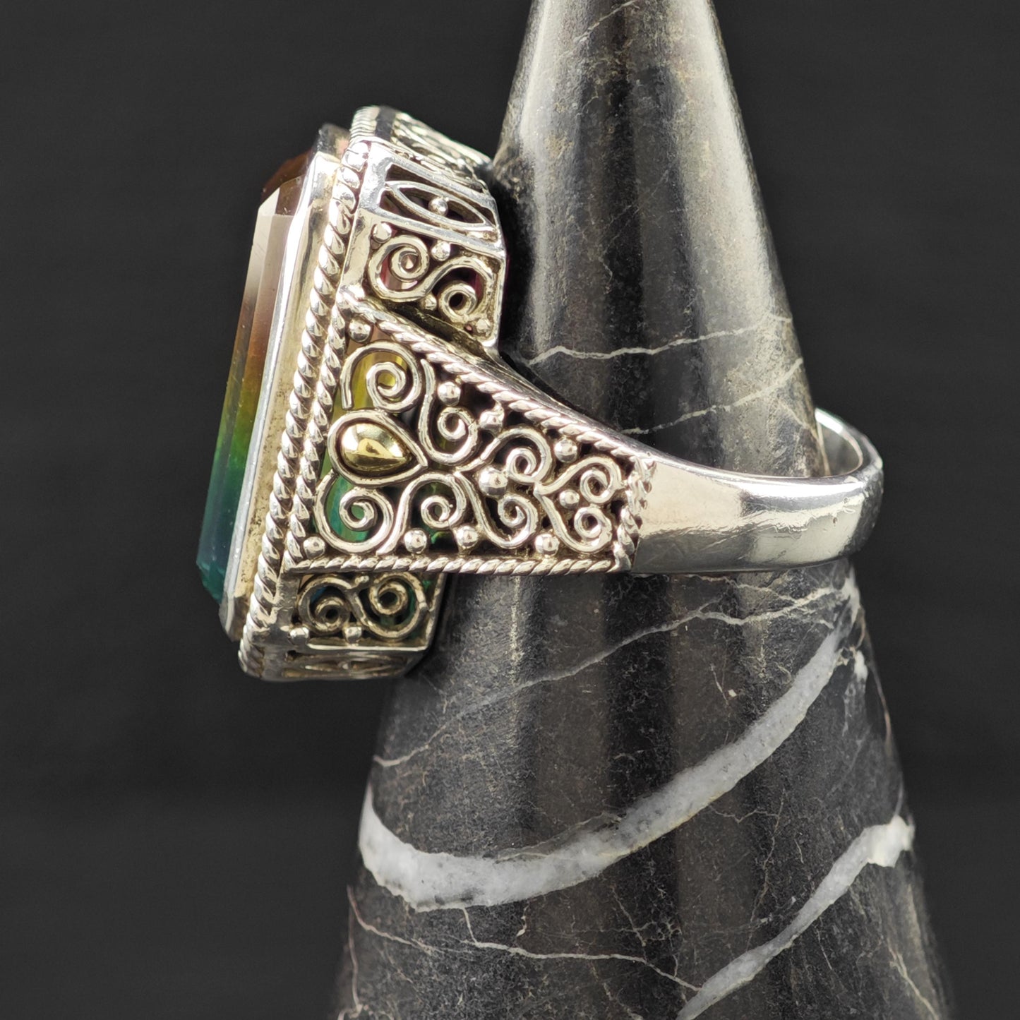 Watermelon Tourmaline Doublet 18K Gold Accents Ring Sterling Silver Sz 7 R6141