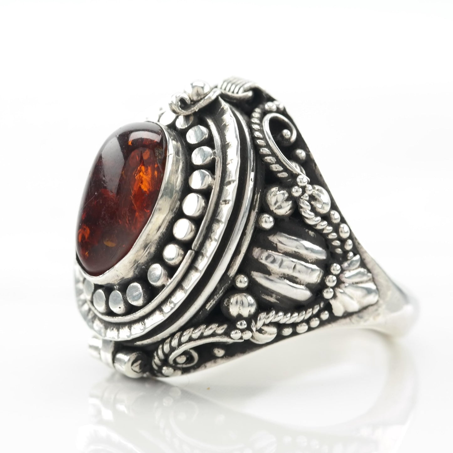 Vintage Amber Poison Ring, Sterling Silver Size 7 1/4