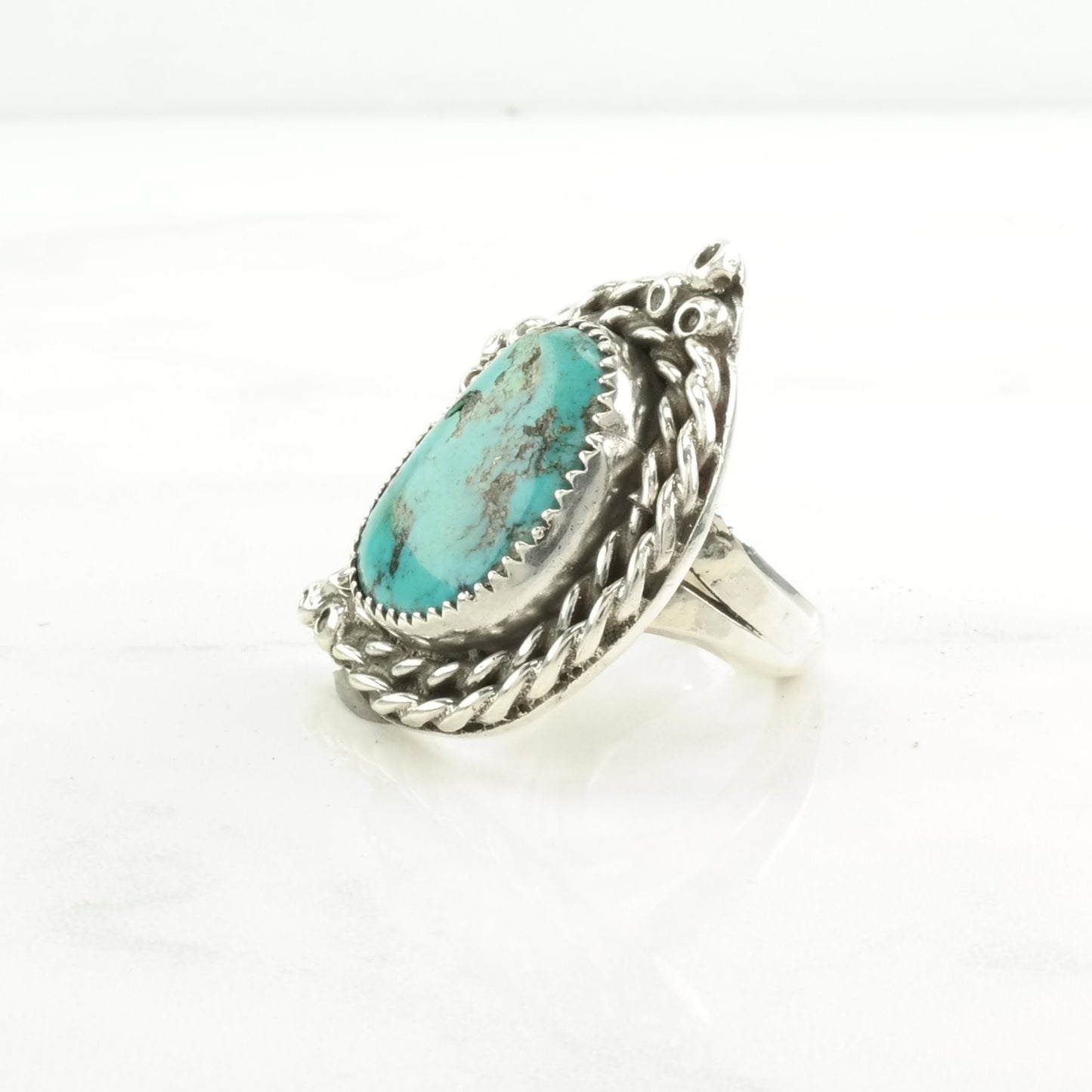 Native American Silver Ring Turquoise Rope Detail Sterling Blue Size 9 1/2