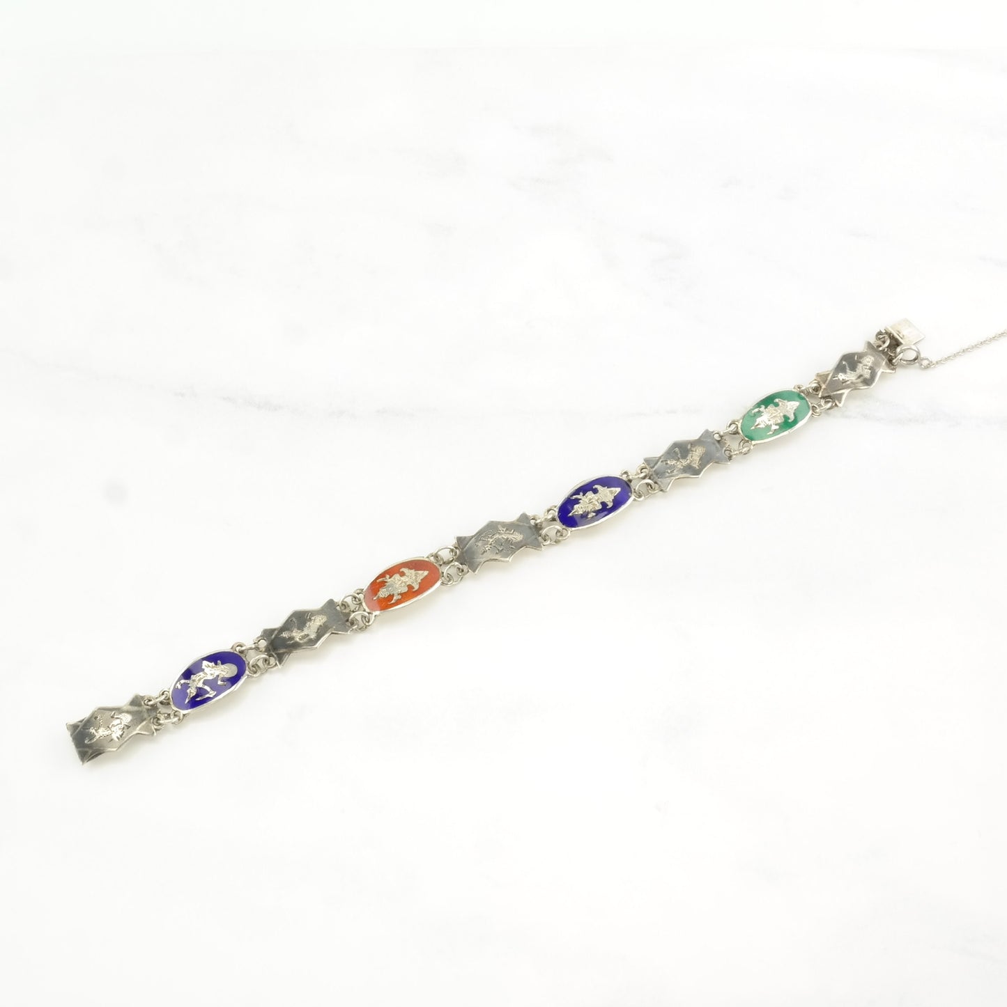 Vintage Siam Sterling Silver Link Bracelet Enamel, Nielo