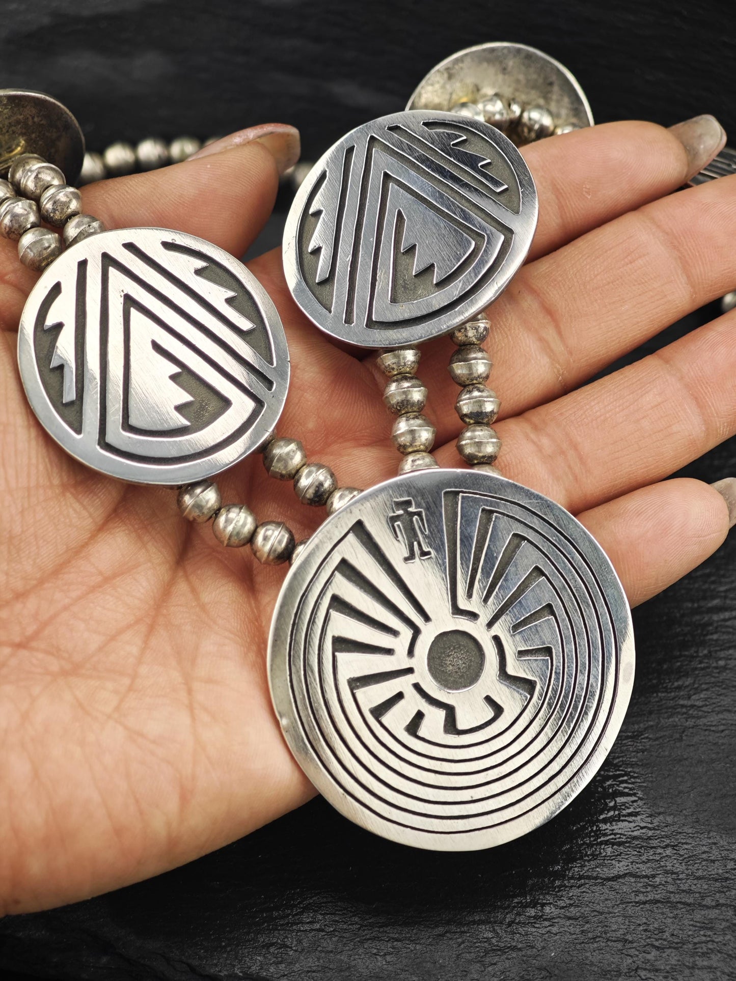 Native American Overlay, Man In Maze Squash Blossom Necklace Sterling Silver