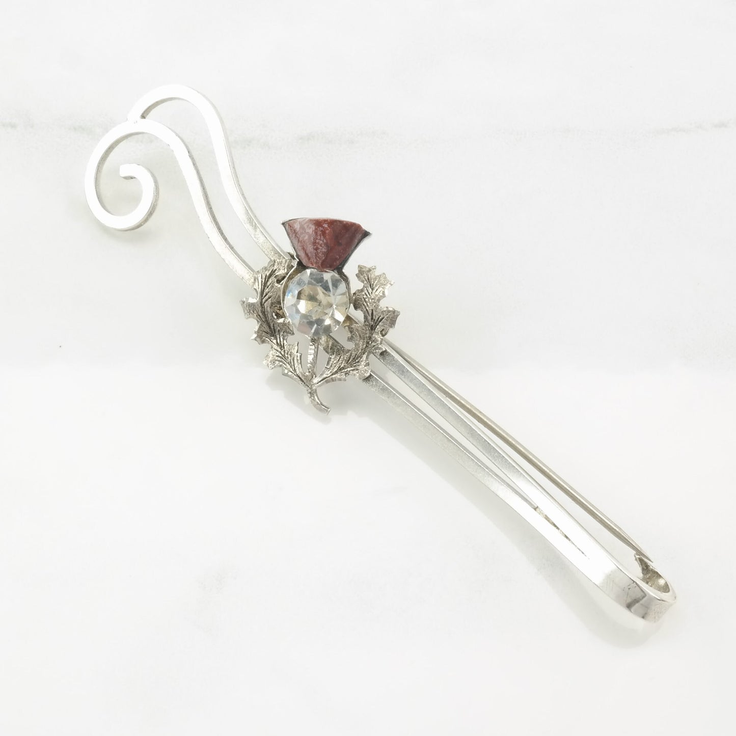 Antique Sterling Silver Brooch Scottish, Thistle Red Agate, Paste, Leaf