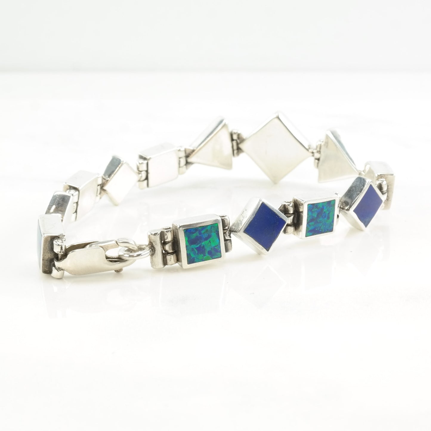 Southwest Sterling Silver Link Bracelet Sparkling Lapis Lazuli Lab Opal Inlay Geometric