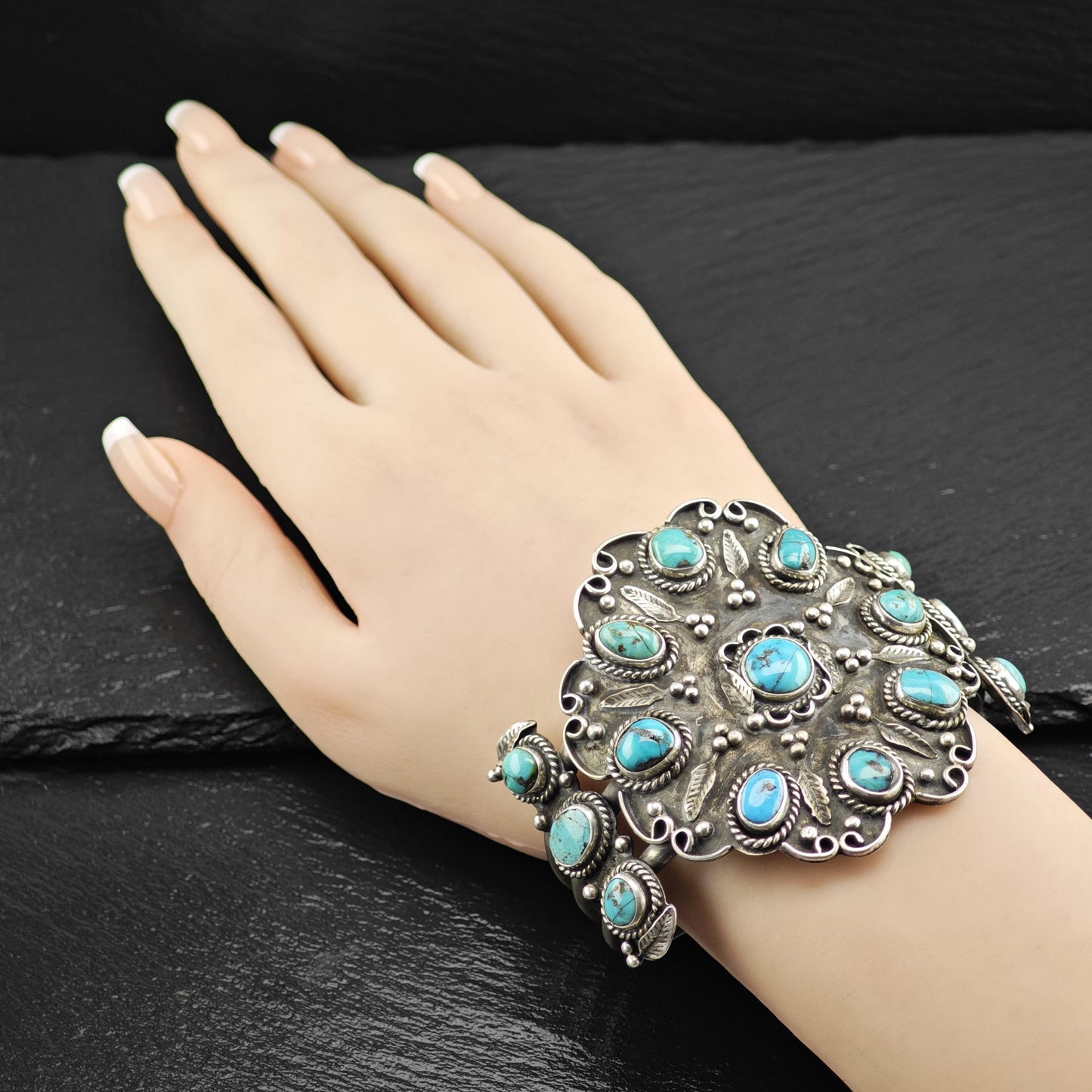 Large Turquoise Floral Cuff Bracelet Native American Sterling Silver