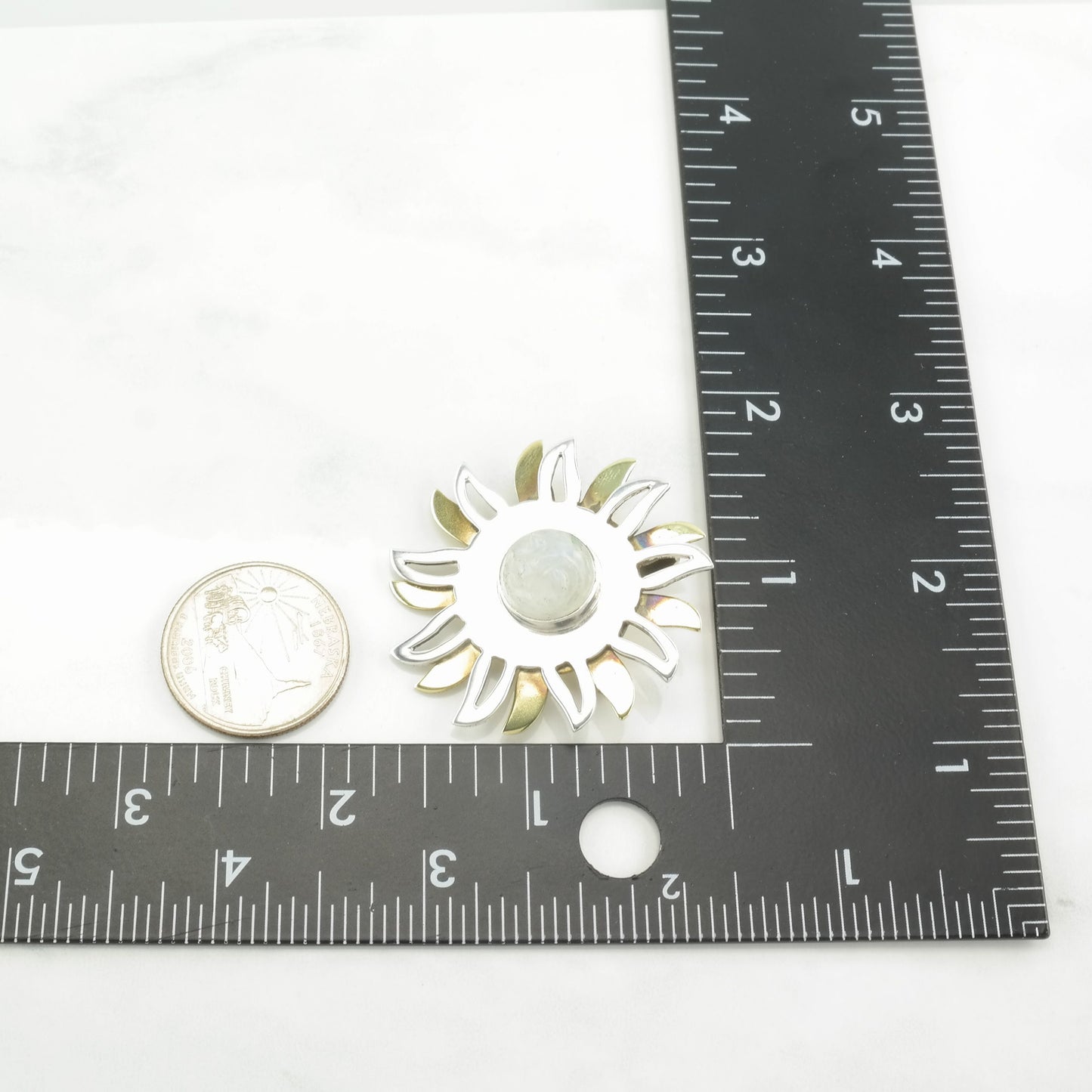 Mexican Sterling Silver Brooch Pendant Two Tone Sun, Carved Moonstone