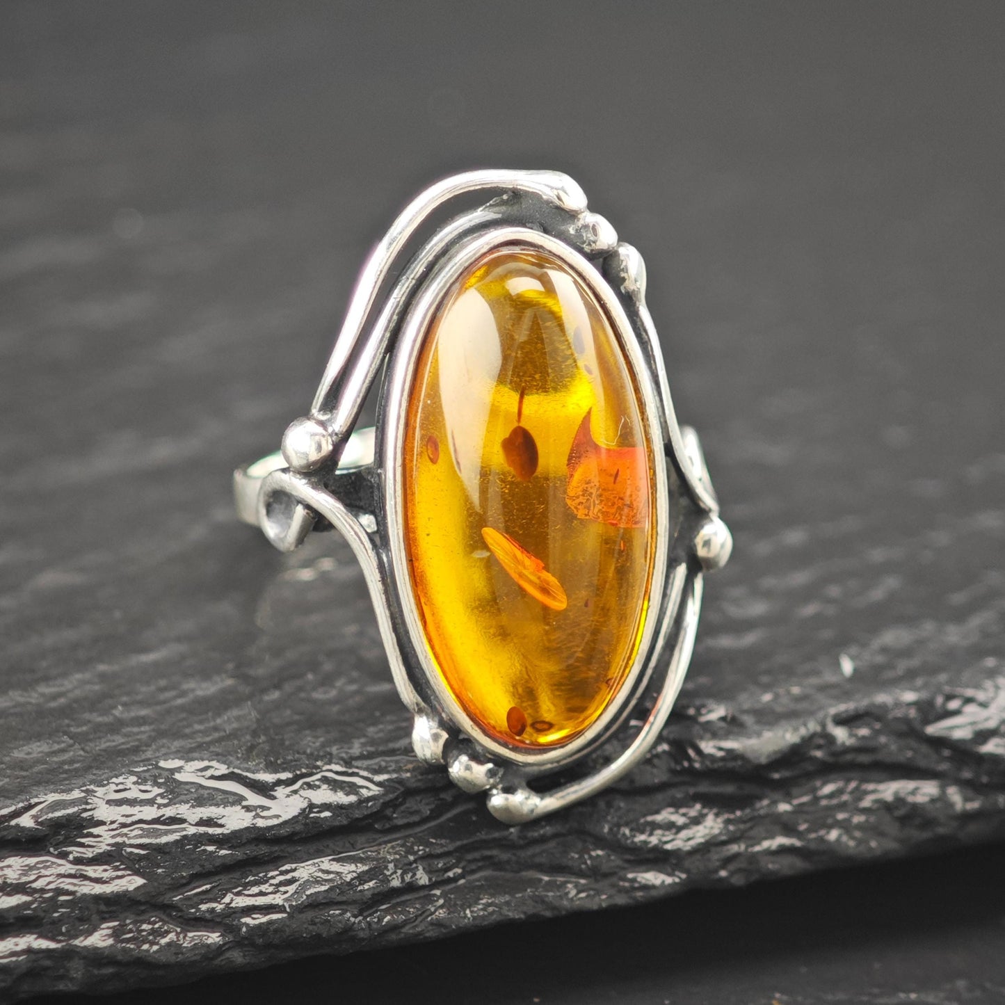 Natural Amber Oval Ring Sterling Silver