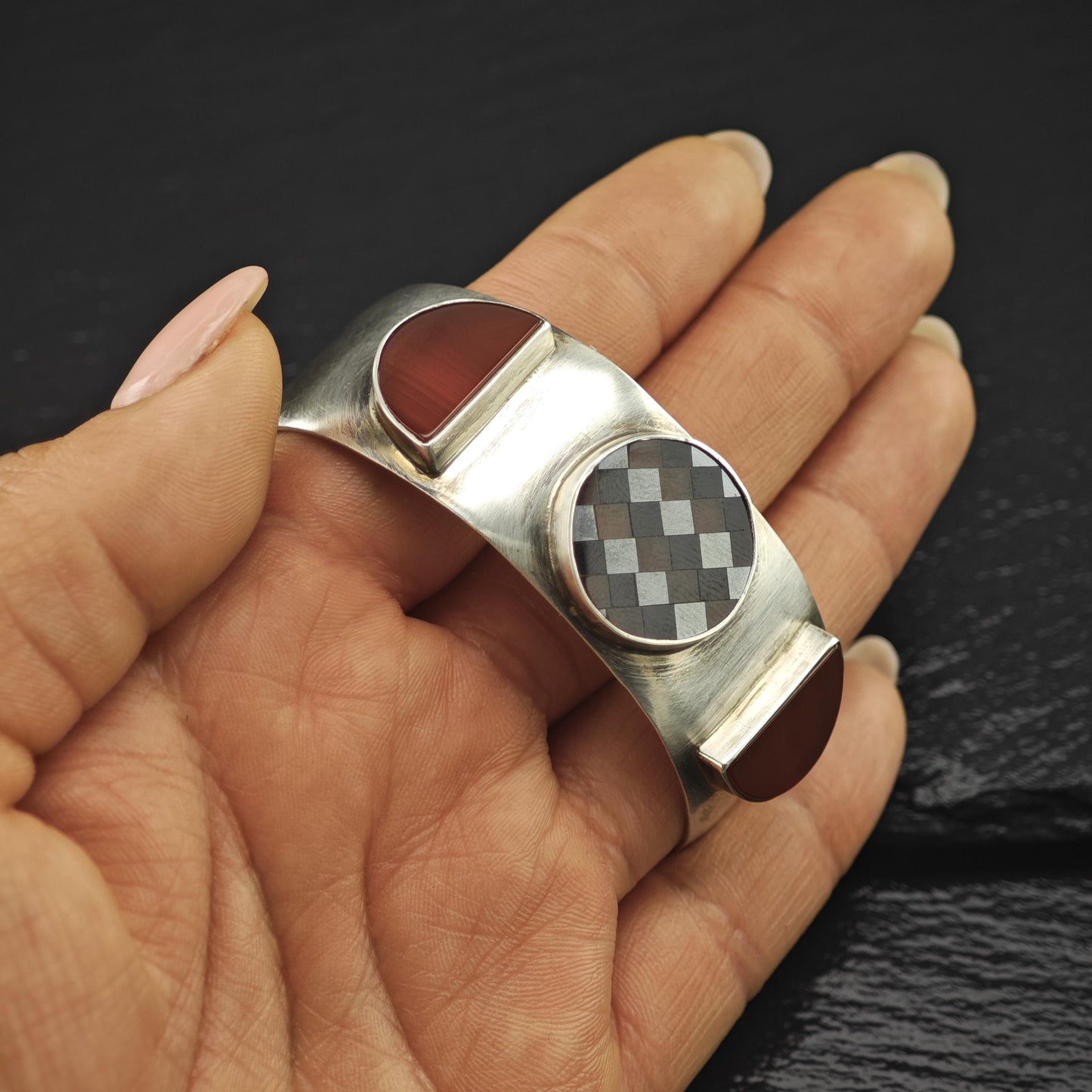 GFMW Mid Century Silver Cuff Bracelet Carnelian Checkered Sterling