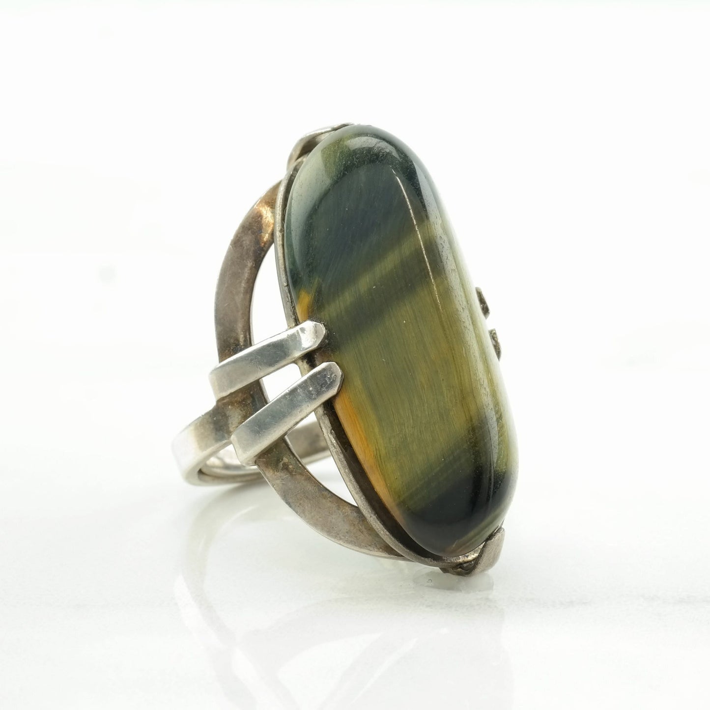 Mid Century Silver Ring Tigers Eye Sterling Size 5 3/4