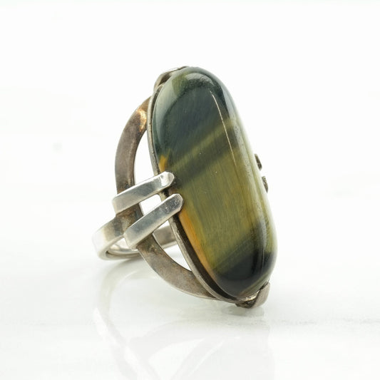 Mid Century Silver Ring Tigers Eye Sterling Size 5 3/4