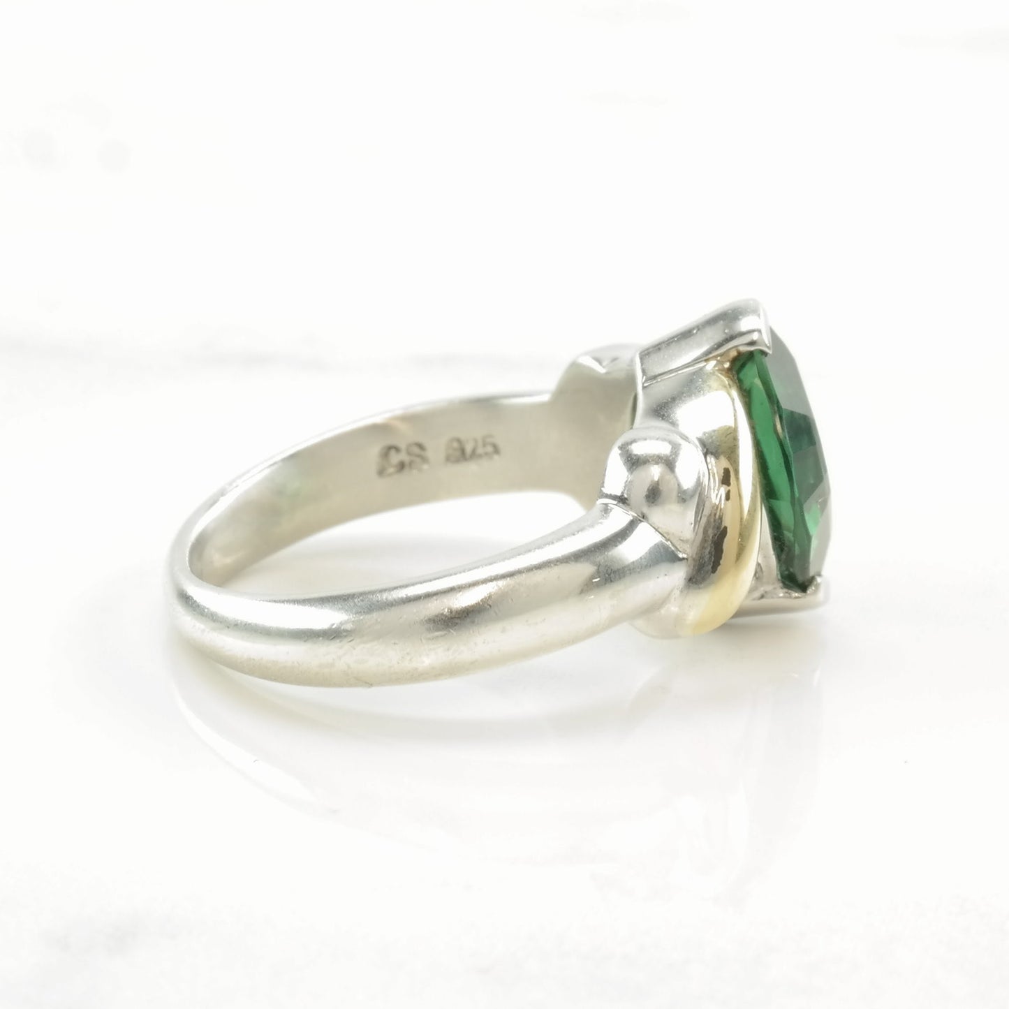 Vintage Sterling Silver Ring Green Gemstone 18K Gold Accent Size 6