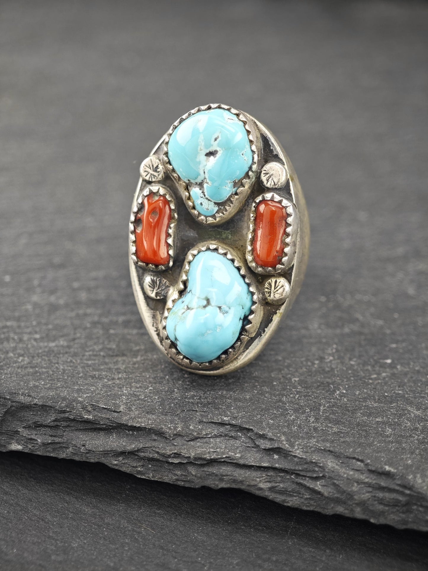 Native American, Coral, Turquoise Ring Sterling Silver