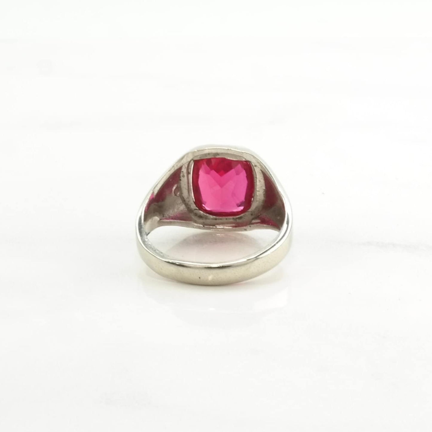 Art Deco Style, Pinky Ring Silver Ring Created Ruby Modernist Sterling Pink Size 6 1/2