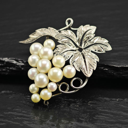 Japan Akoya Cultured Pearls, Grape Vine Sterling Silver Brooch B2260