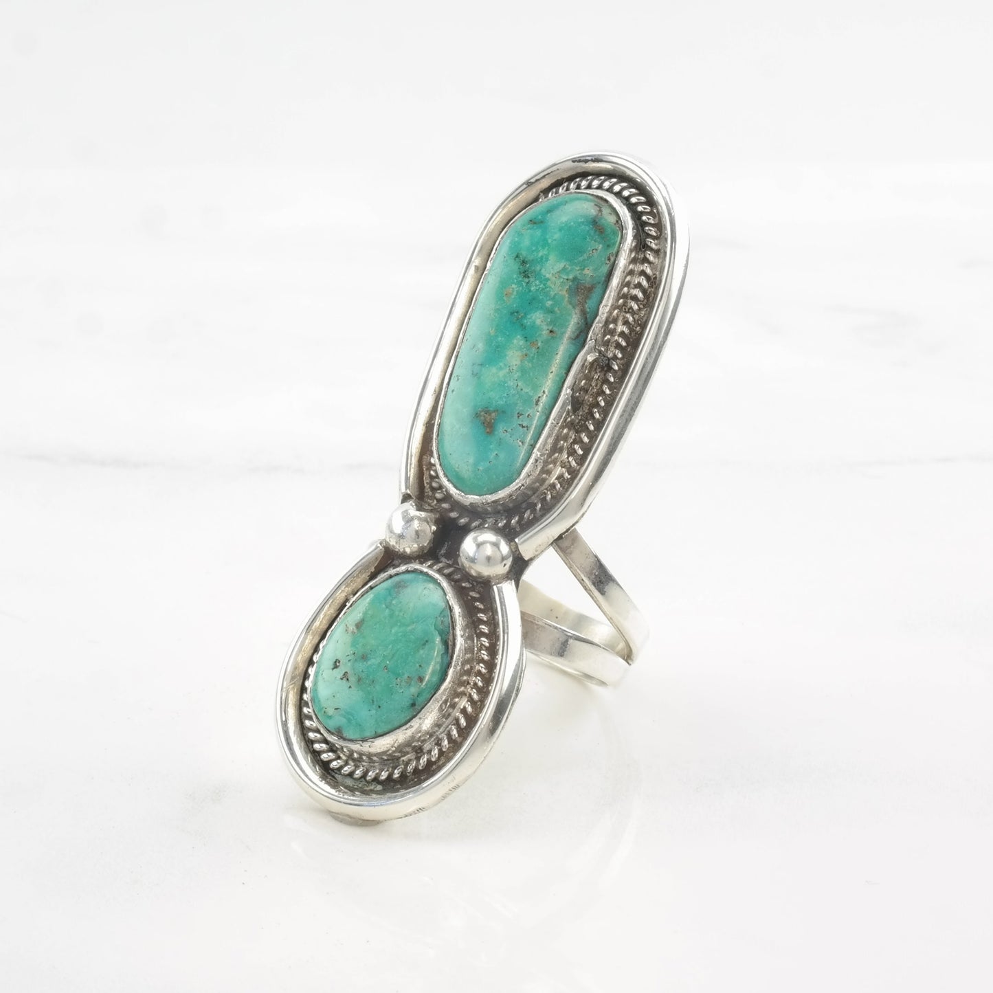 Native American Ring Two Stone, Turquoise Exclamation Point Sterling Silver Size 9