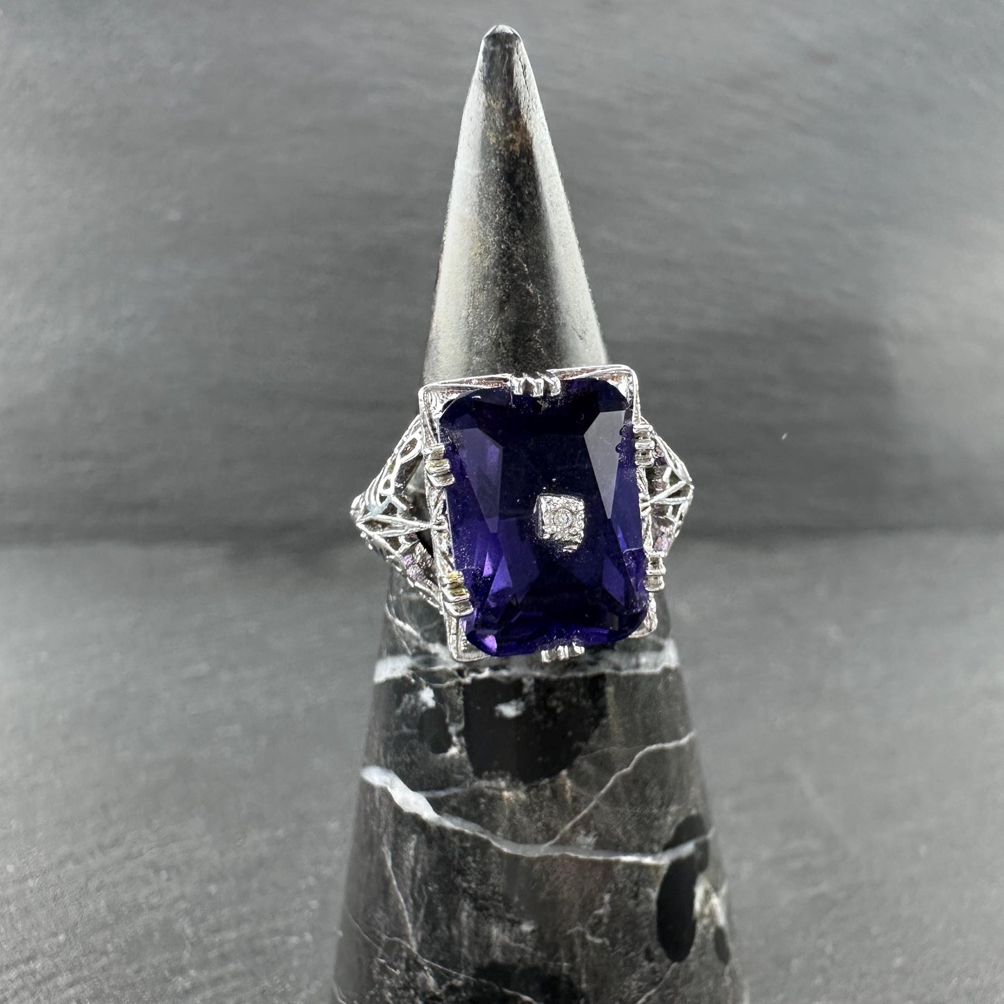 Art Deco Style Amethyst, Diamond Chip Ring Sterling Silver