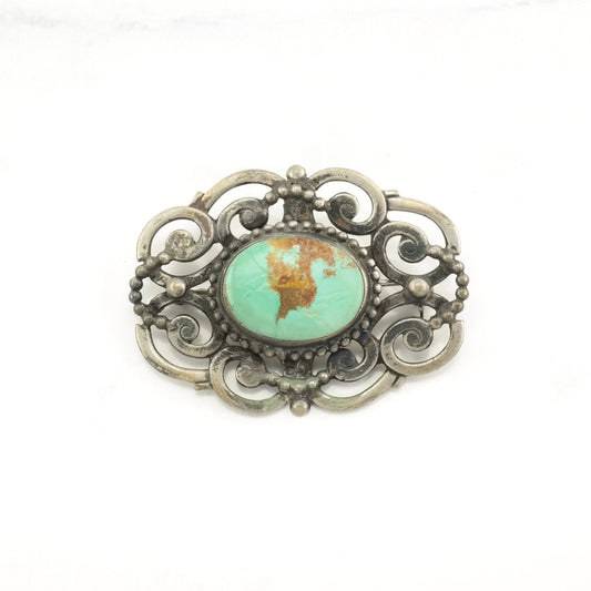 Vintage Hand Wrought Sterling Silver Brooch Scroll Green Turquoise