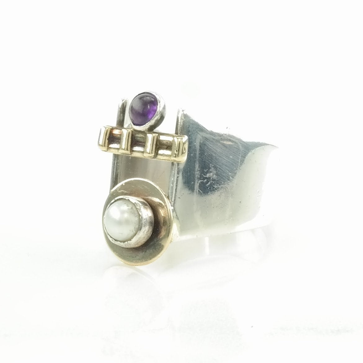 Studio Silver Ring Amethyst, Pearl Modernist Sterling Size 6 1/4