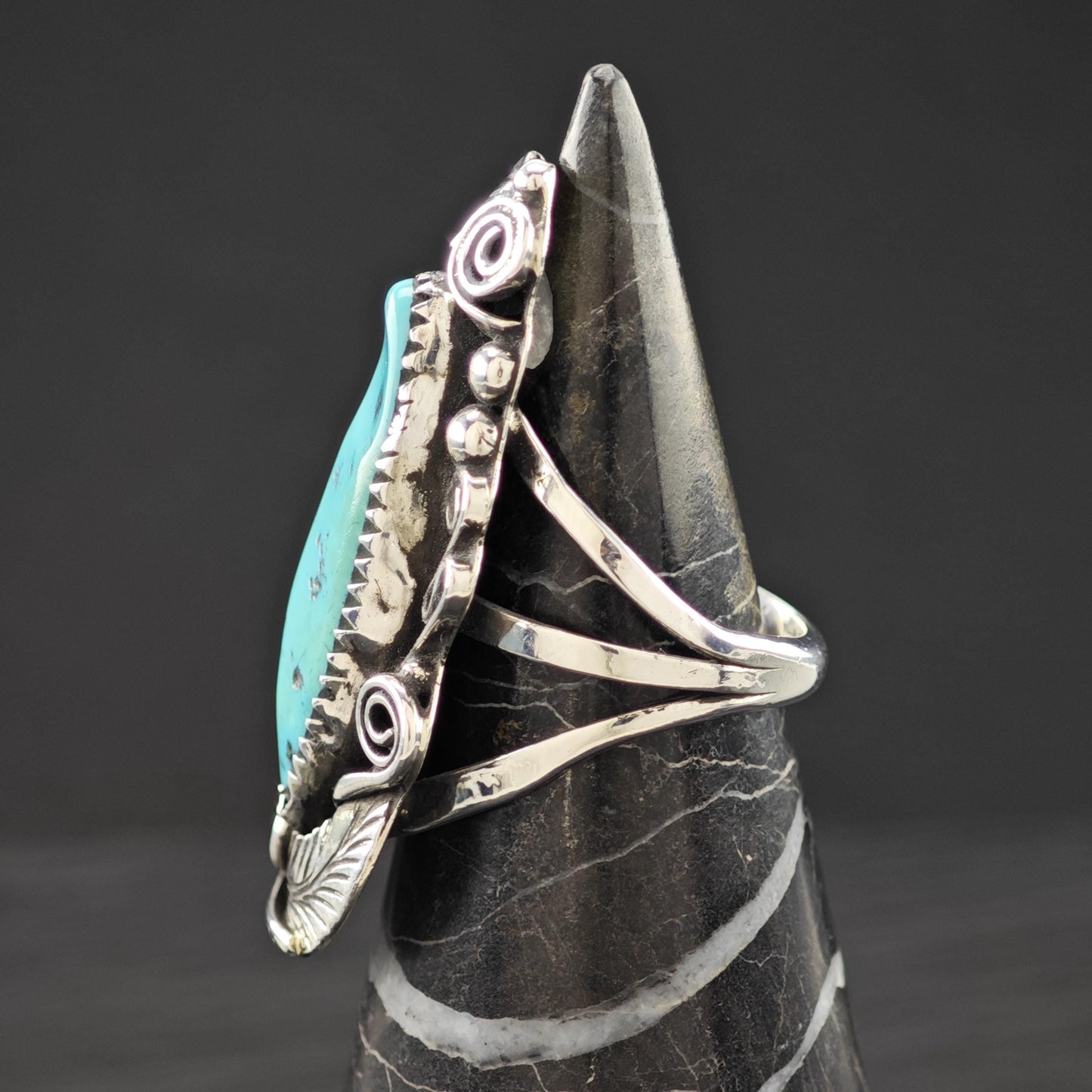 Navajo, J. Morris Long Turquoise Ring Sterling Silver Size 6 3/4