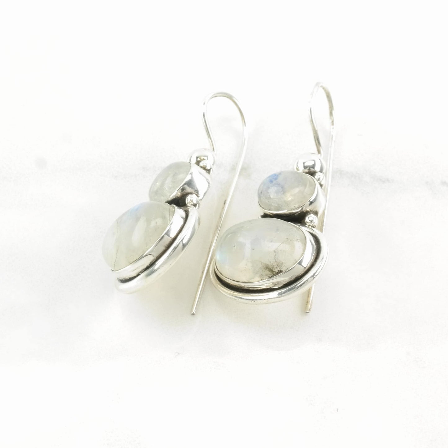 Sterling Silver Iridescent Moonstone Stacked Stone Earrings Fish hook