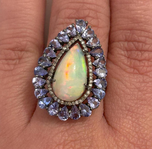 Oxidized Opal Tanzanite Diamond Silver Ring, Sterling