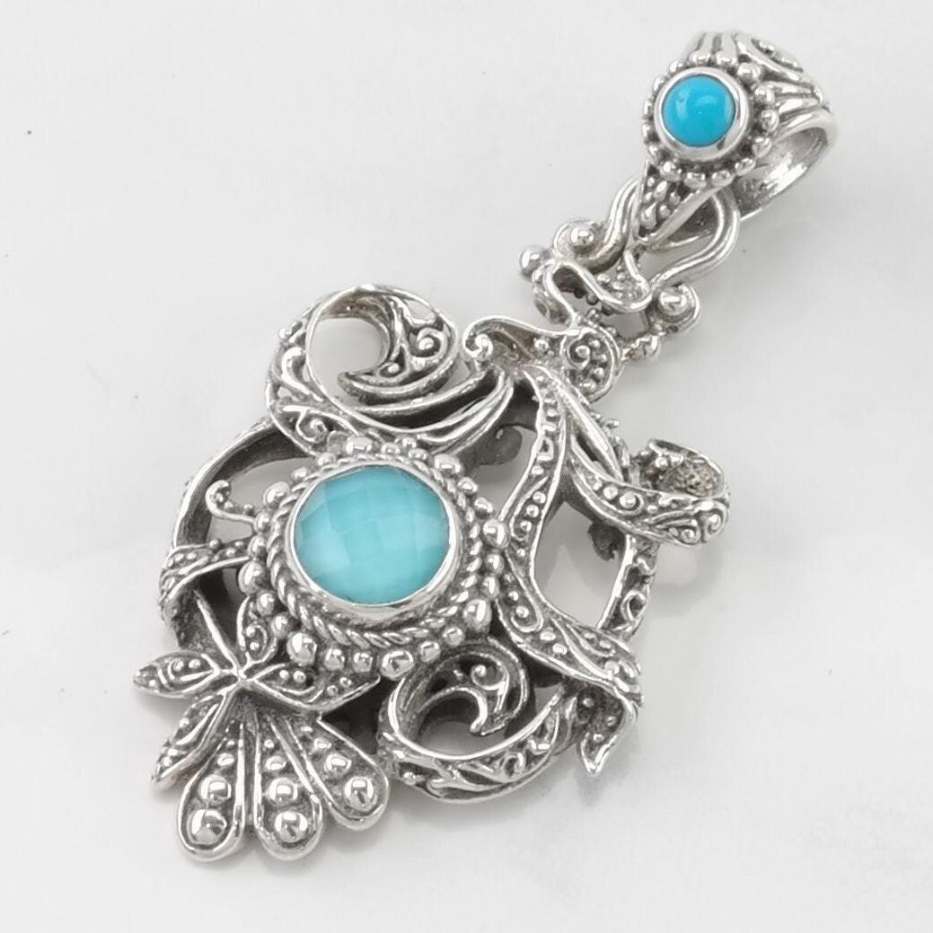 Vintage Sarda Turquoise, Chalcedony Doublet Scroll Sterling Silver Pendant