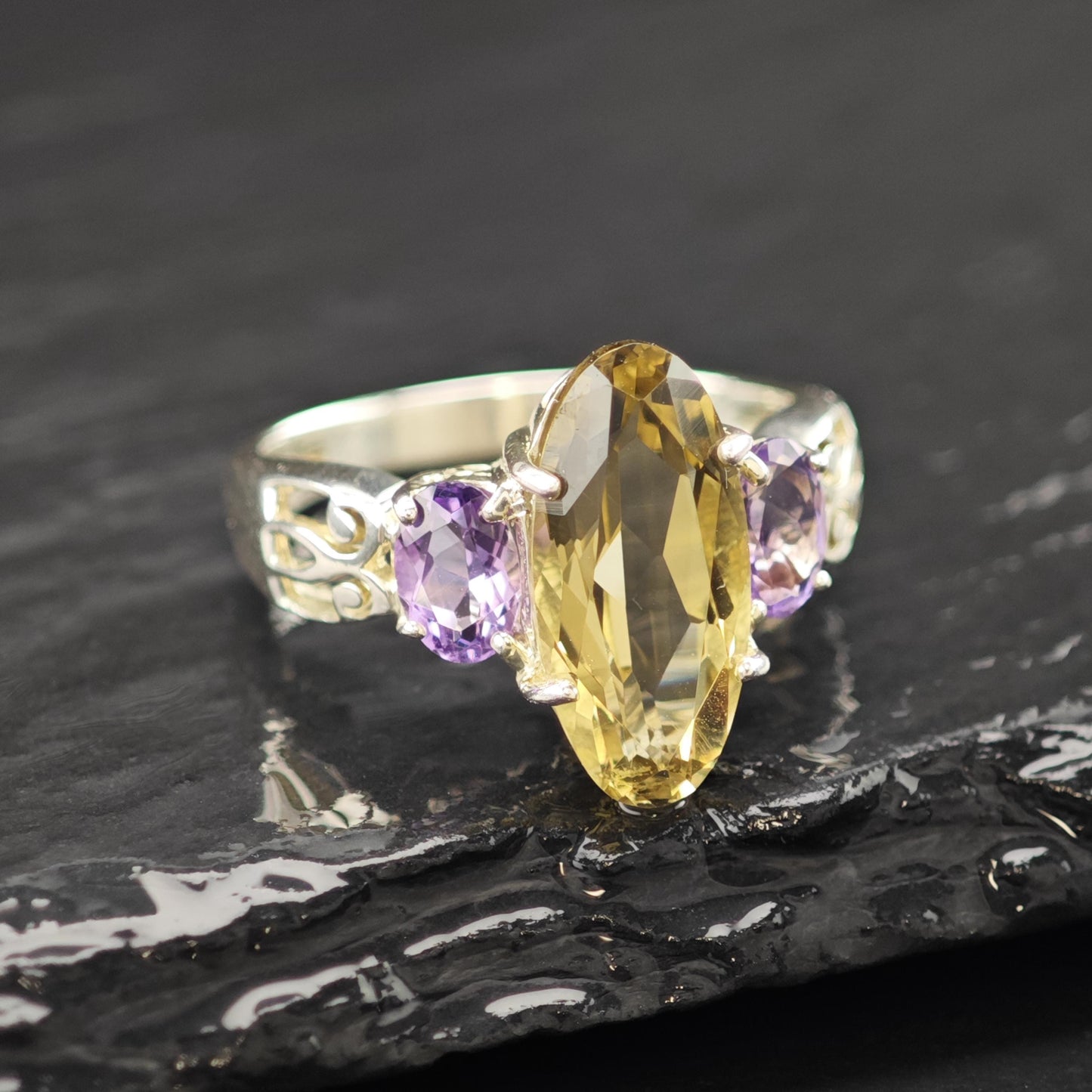 Sterling Silver Statement Ring Amethyst Citrine Size 8 R6232
