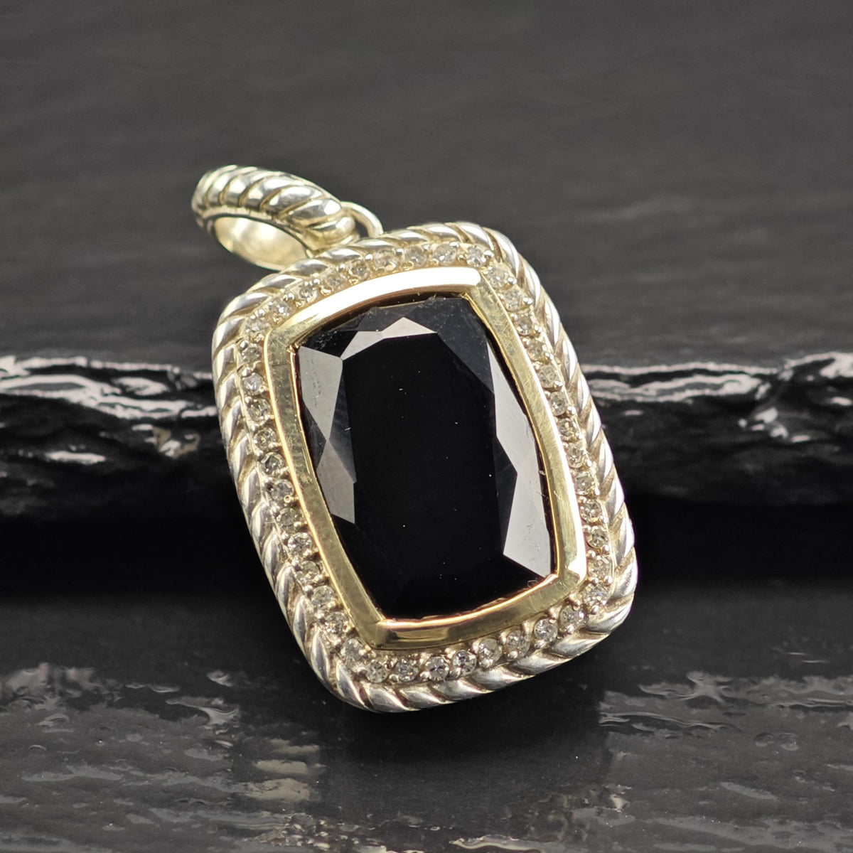 Vintage Designer Diamond Onyx 14K Bezel Woven Sterling Silver Pendant P3087