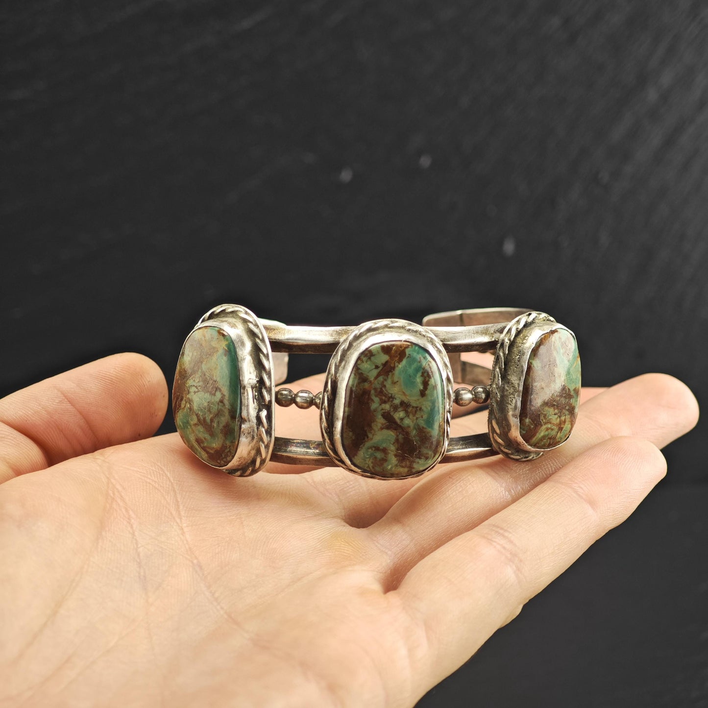 Ceremonial Kingman Turquoise Trio Sterling Silver Cuff Sz 6 " BR3137