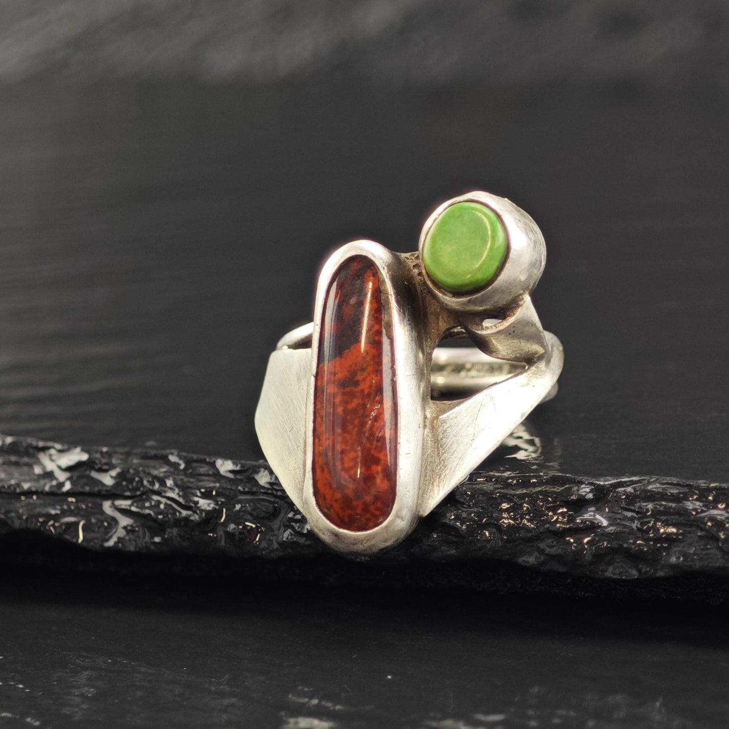 Modernist Brown Gemstone & Turquoise Sterling Silver Ring Sz 5 1/2 R6605