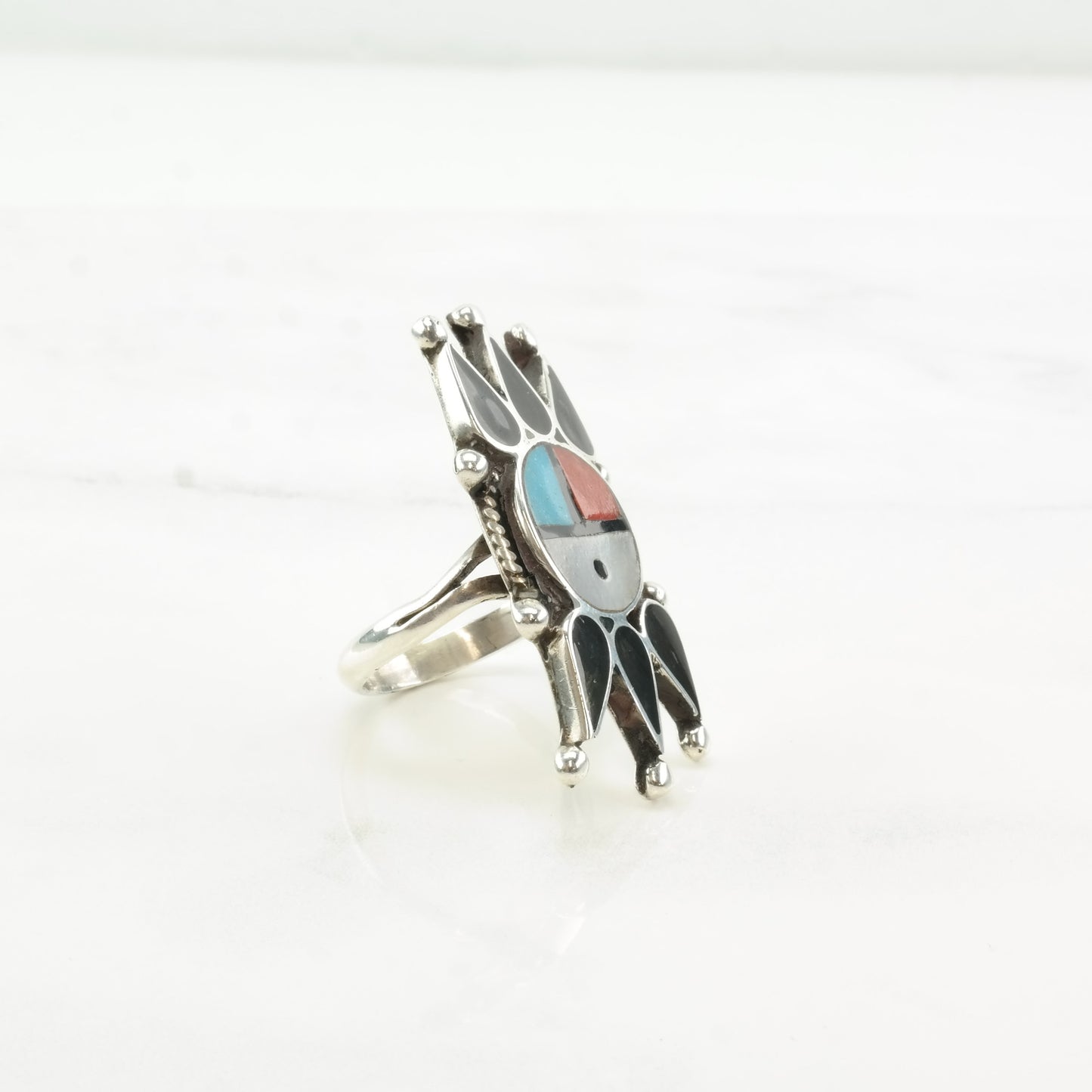 Native American Silver Ring Coral Turquoise MOP Onyx Inlay Sun Sterling Size 7 1/2