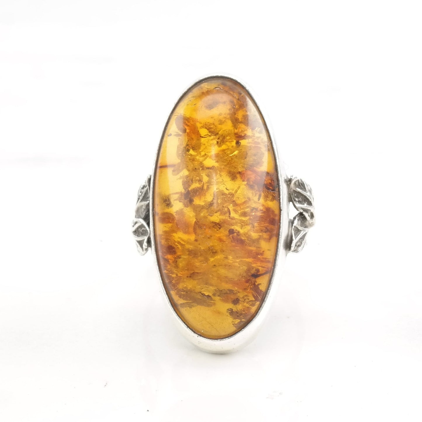 Vintage European Silver Ring Amber Leaf Size 8 1/2