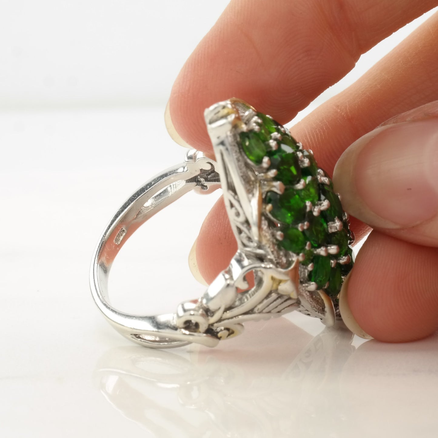 STS Green Diopside Ring Floral Sterling Silver Size 10 1/4