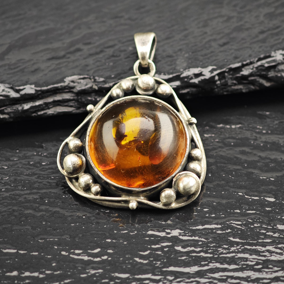 Art Nouveau Style Amber Sterling Silver Pendant P3113