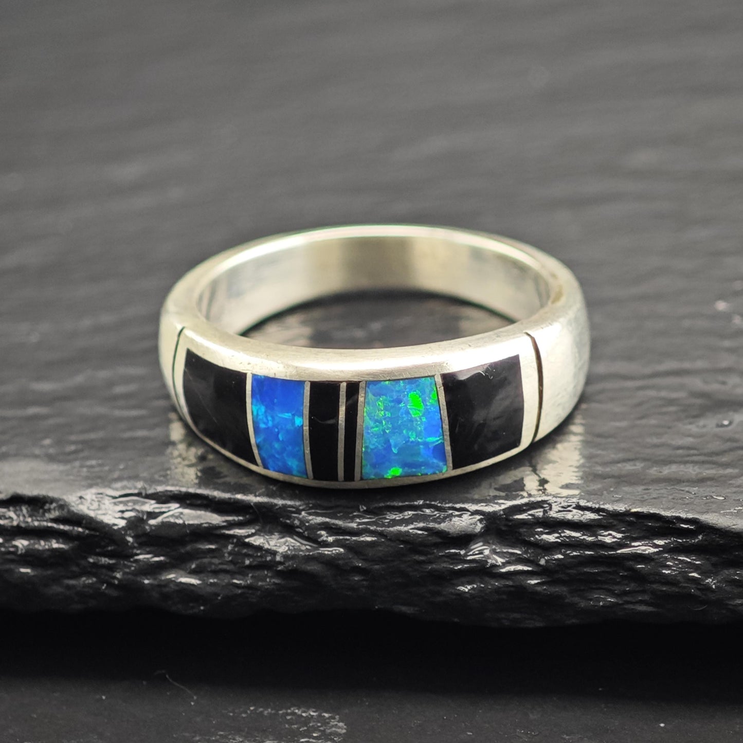Vintage Lap Opal & Onyx Inlay Sterling Silver Ring Sz 9 3/4 R6633