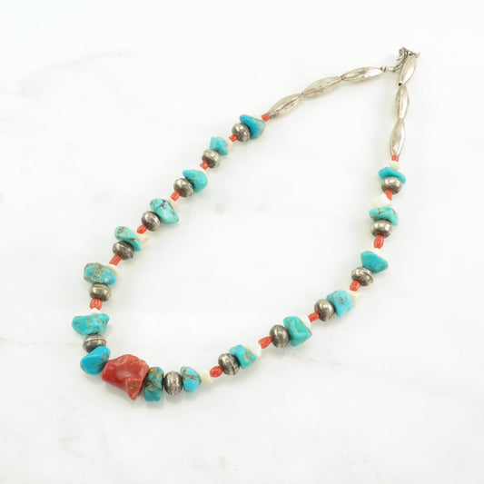 Native American Sterling Silver Turquoise Coral Necklace