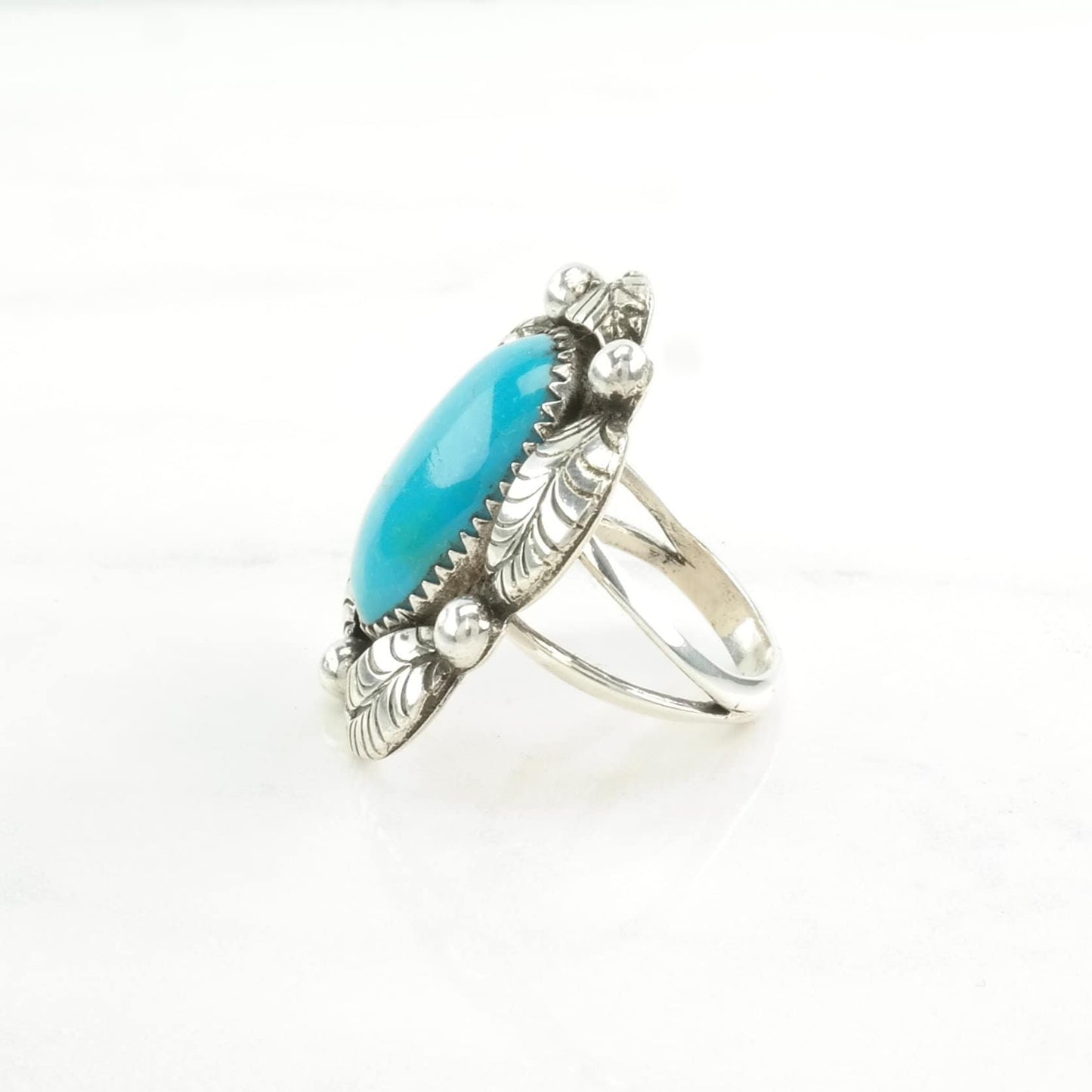 Native American Silver Ring Turquoise Leaf, Large Sterling Blue Size 6 1/2